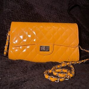 Quilted Patent Crossbody Bag in Mustard Yellow